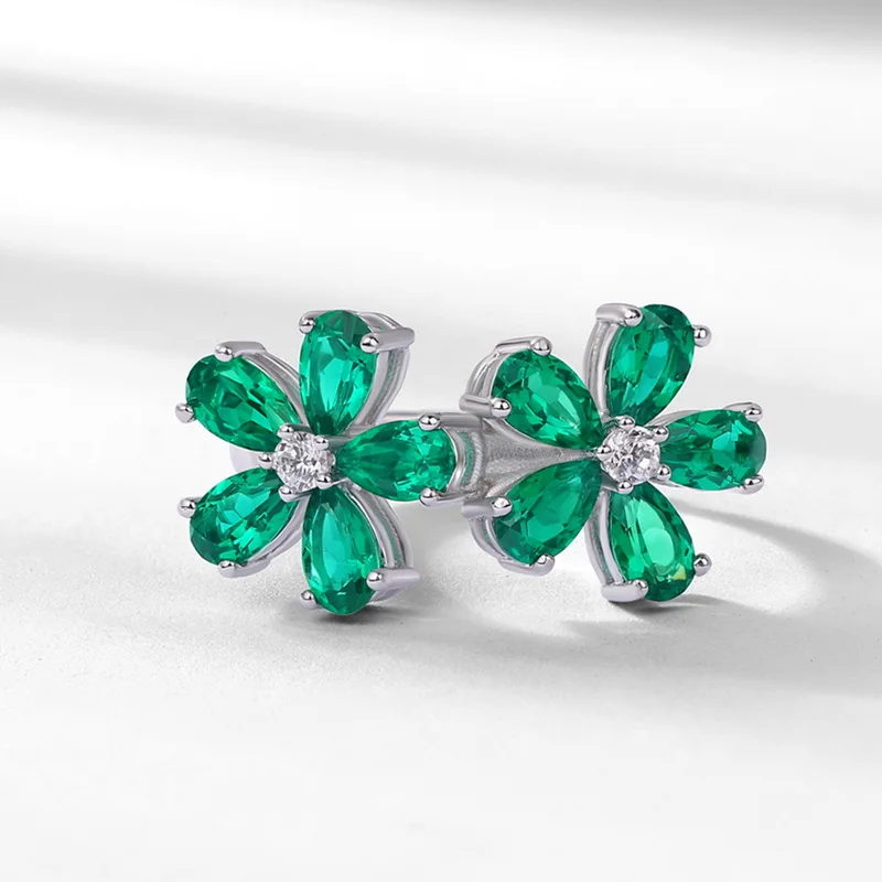 Panyu Custom 925 Sterling Silver Petal Ring Lab Created Emerald Retro European Luxury Jewelry