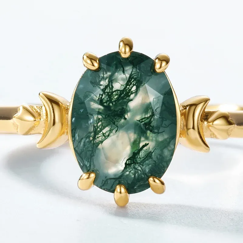 Jewelyking Natural Moss Agate Oval Six Claws Inlaid Natural Gem Jewelry 18k Wedding Rings JKRS0126