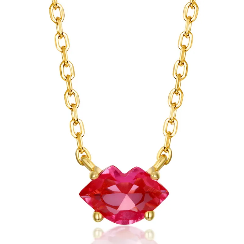 JewelyKing 14K Gold Plating Creative Shiny Charming Lips Shape Red Synthetic Crystal Pendant Necklace JKNS0161