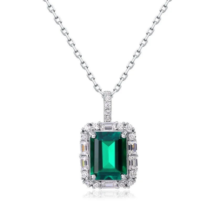 S925 Sterling Silver Emerald Cut Lab Grown Emerald Halo Pendant Necklace for Women