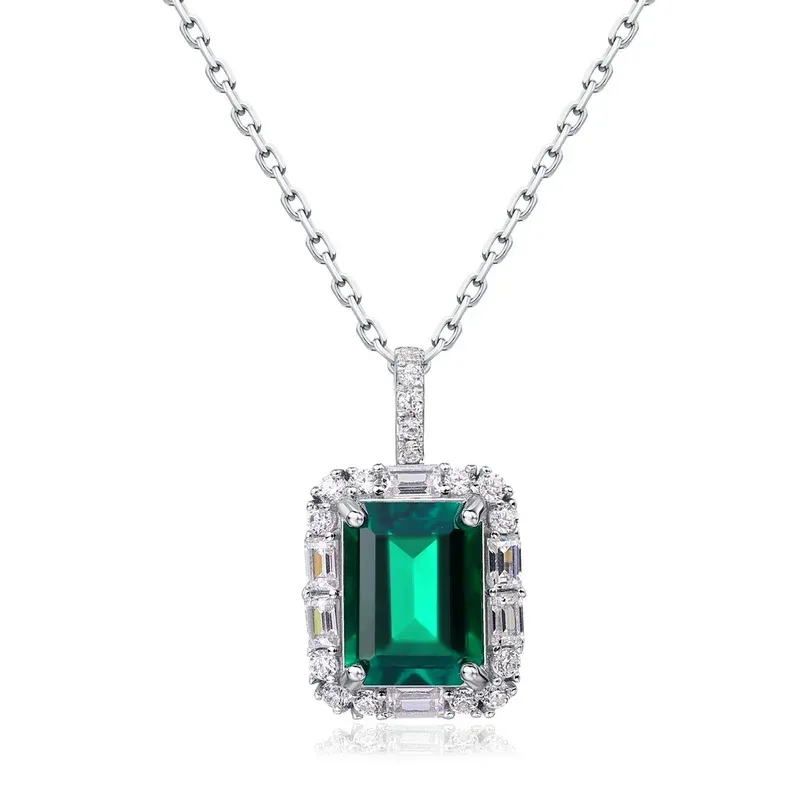 S925 Sterling Silver Emerald Cut Lab Grown Emerald Halo Pendant Necklace for Women