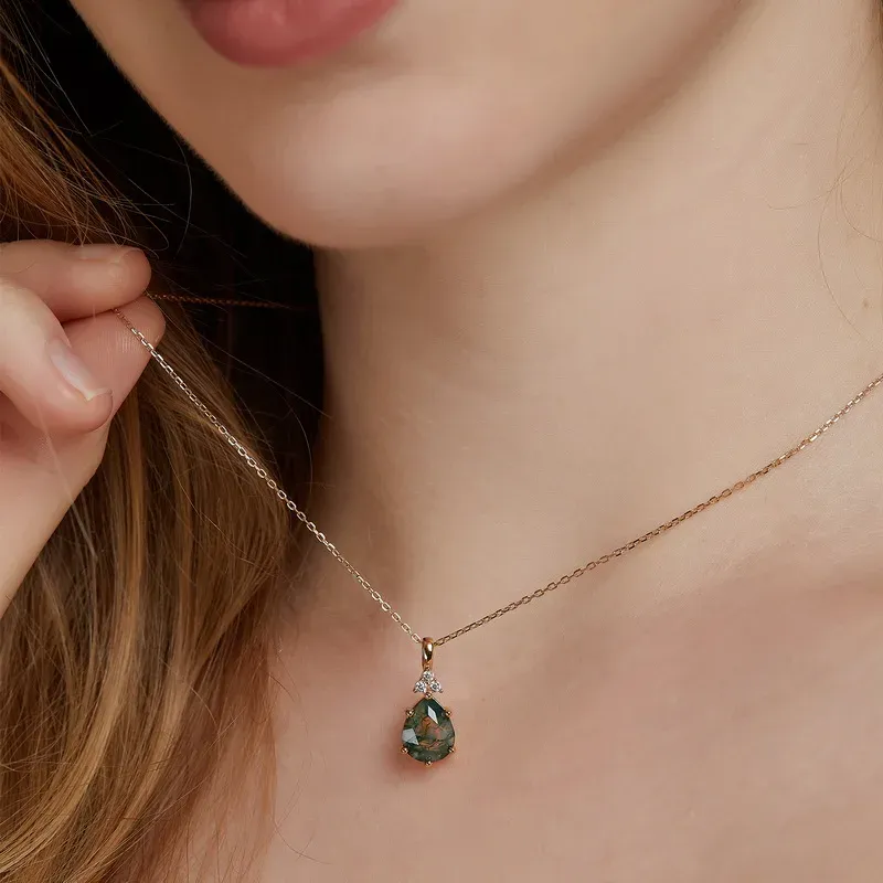 Jewelyking S925 Silver Kite Natural Moss Agate 18K Gold Plated Halo CZ Pendant Necklace JKNS0105