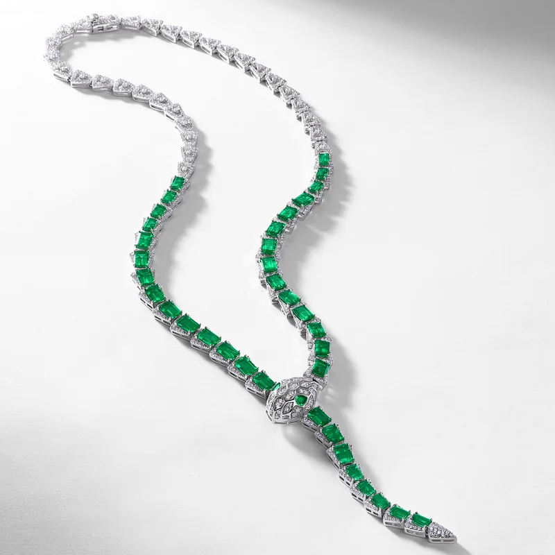 Luxury 925 Sterling Silver White Plated Snake Lab Grown Emerald Necklace Elegant Fine Jewelry Anniversary Engagement Gift Set