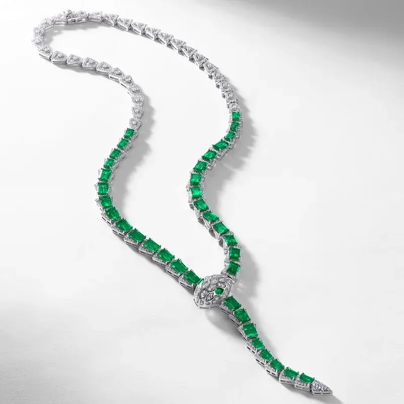 Luxury 925 Sterling Silver White Plated Snake Lab Grown Emerald Necklace Elegant Fine Jewelry Anniversary Engagement Gift Set
