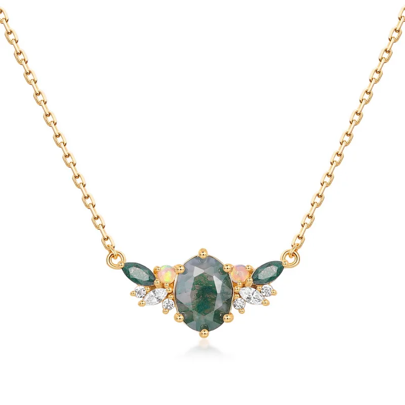 Jewelyking S925 Sterling Silver Cubic Zirconia Gemstone Jewelry Delicate Square Real Moss Agate Pendant Necklace JKNS0087