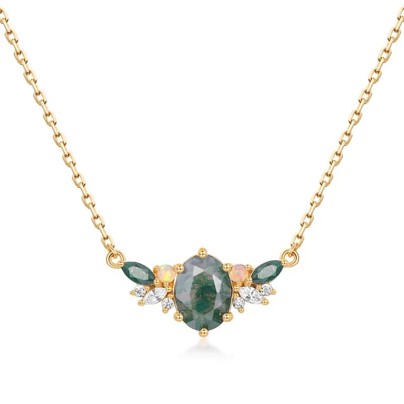 Jewelyking S925 Sterling Silver Cubic Zirconia Gemstone Jewelry Delicate Square Real Moss Agate Pendant Necklace JKNS0087