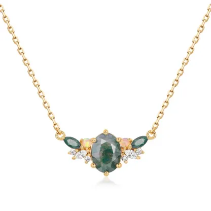 Jewelyking S925 Sterling Silver Cubic Zirconia Gemstone Jewelry Delicate Square Real Moss Agate Pendant Necklace JKNS0087