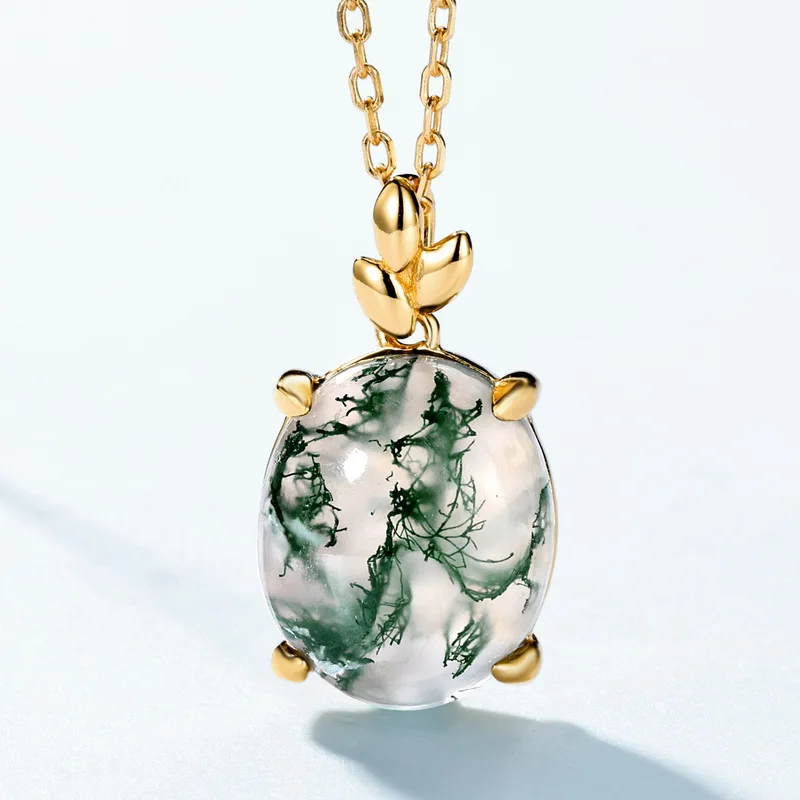Jewelyking S925 Sterling Silver Green Moss Agate Oval Gemstone Rhodium Plated 18K Gold Custom Pendant Necklace JKNS0097
