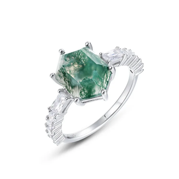 JewelyKing  S925 Sterling Silver Oval Cut Green Agate Natural Moss Agate Engagement Ring JKRS0143