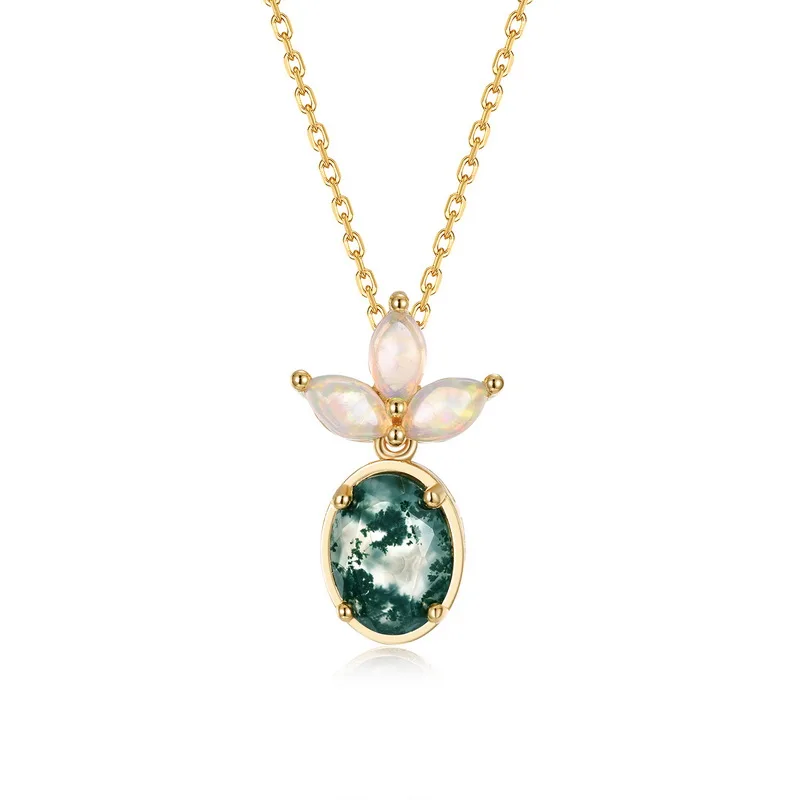 JewelyKing S925 Sterling Silver Green Moss Agate 14K Gold Plated Opal Accent Oval Cut Dainty Chain Necklace JKNS0030