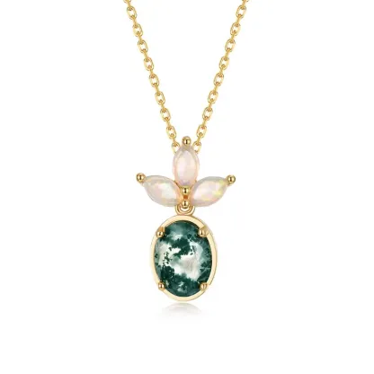JewelyKing S925 Sterling Silver Green Moss Agate 14K Gold Plated Opal Accent Oval Cut Dainty Chain Necklace JKNS0030