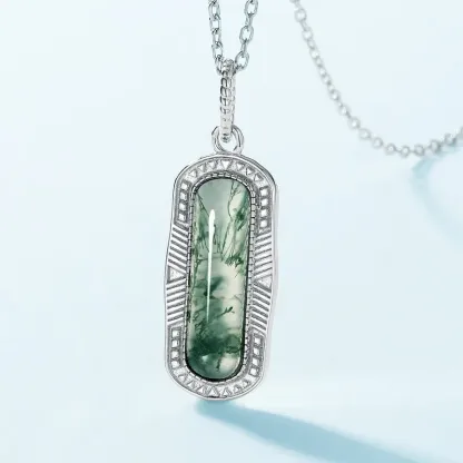 Jewelyking S925 Silver Moss Agate Green Agate Gemstone Jewelry Rhodium Plated  Pendant Necklace JKNS0093