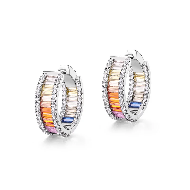 Tennis Jewelry 925 Sterling Silver Color CZ Stone Rainbow Hoop Huggie Earrings Baguette Cubic Zirconia Hoop Earrings