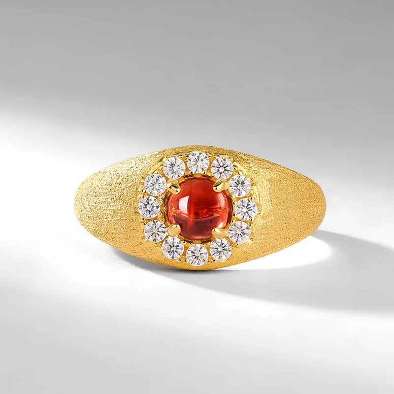 Jewelyking Italian Brushed Red Garnet Ring 14K Gold High End Retro Index Finger Jewelry Ring JKRS0101