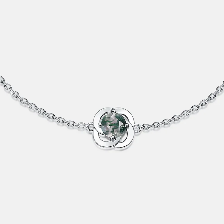Jewelyking S925 Sterling Silver Rhodium Plated CZ Diamond Round Green Moss Agate Bracelet JKBS0038