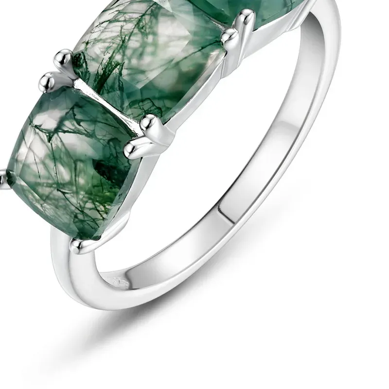 JewelyKing S925 Sterling Silver Natural Green Moss Agate Three Stone Ring JKRS0189