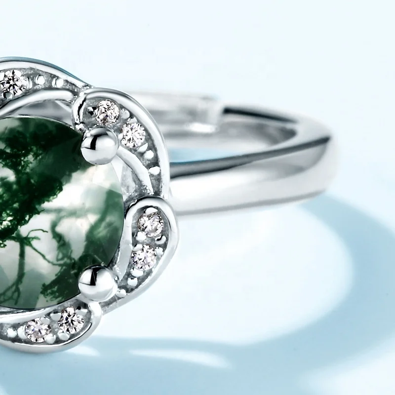 JewelyKing S925 Sterling Silver Natural Moss Agate Ring Cubic Zircon Engagement Ring JKRS0147