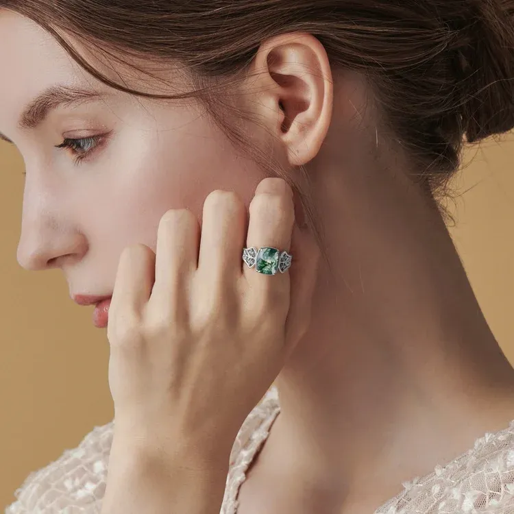 JewelyKing S925 Sterling Silver Green Moss Fashion Seaweed Agate Ring JKRS0220
