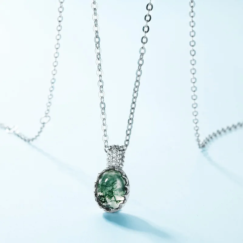 Jewelyking S925 Sterling Silver Moss Agate Oval Pendant Gold Women Wedding Party Jewelry JKNS0120