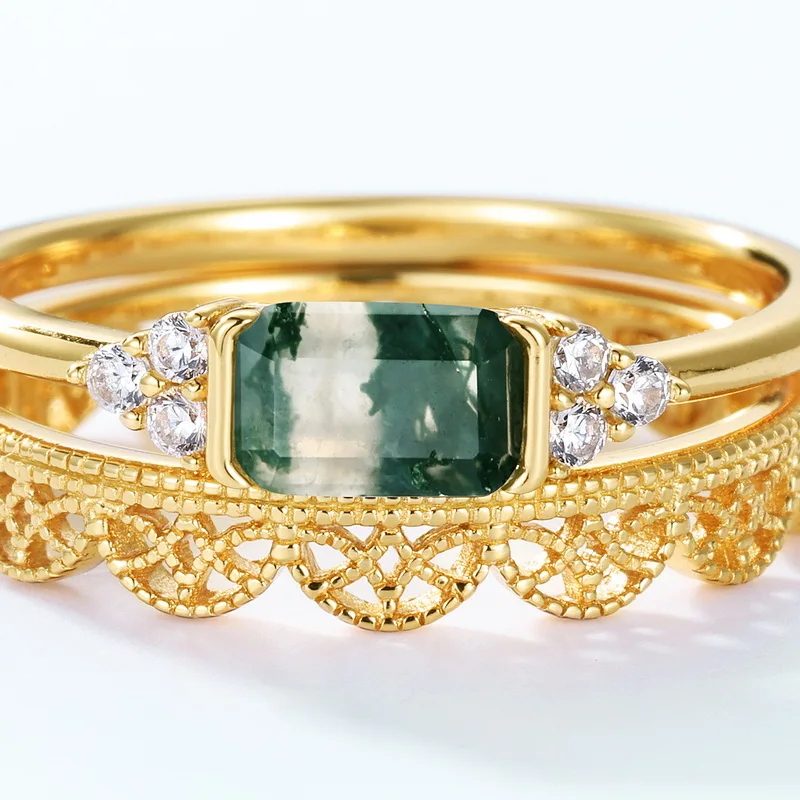 JewelyKing S925 Silver 18K Gold Magnificent Style Baguette Cut Green Moss Agate Stacking Wedding Ring JKRS0154
