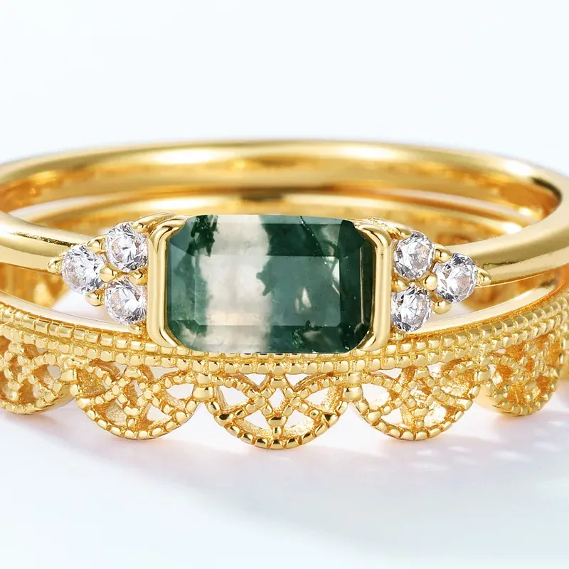 JewelyKing S925 Silver 18K Gold Magnificent Style Baguette Cut Green Moss Agate Stacking Wedding Ring JKRS0154