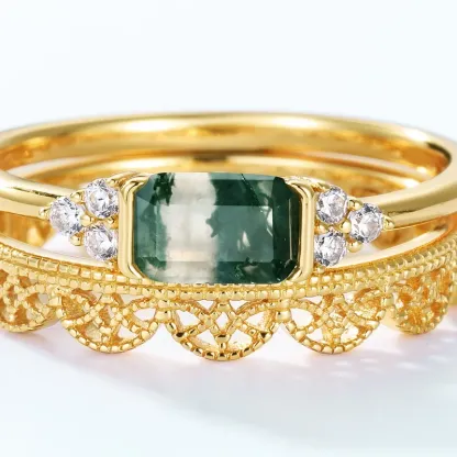 JewelyKing S925 Silver 18K Gold Magnificent Style Baguette Cut Green Moss Agate Stacking Wedding Ring JKRS0154