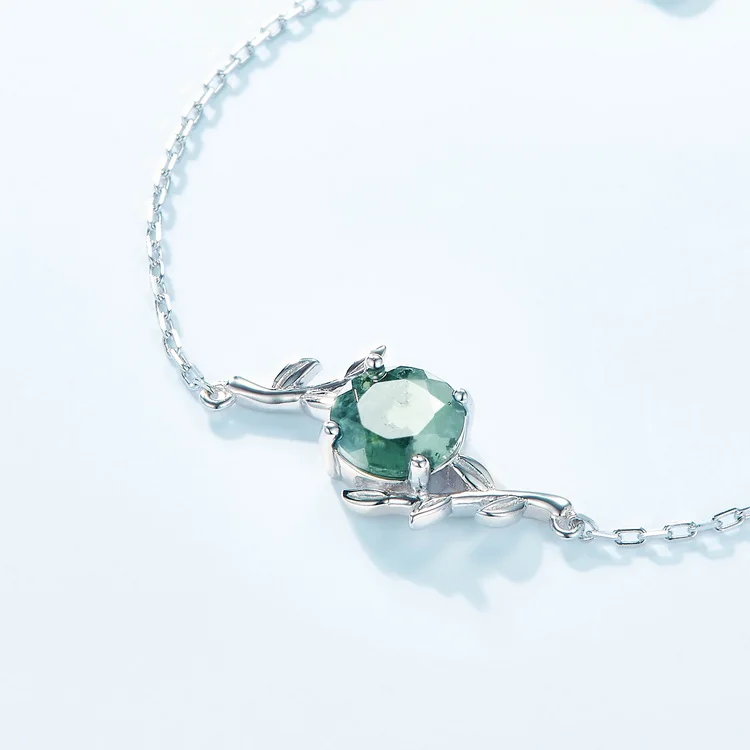 Jewelyking S925 Sterling Silver Green Moss Agate Nature Inspired Branch Design Round Cut Gemstone Dainty Chain Bracelet JKBS0036