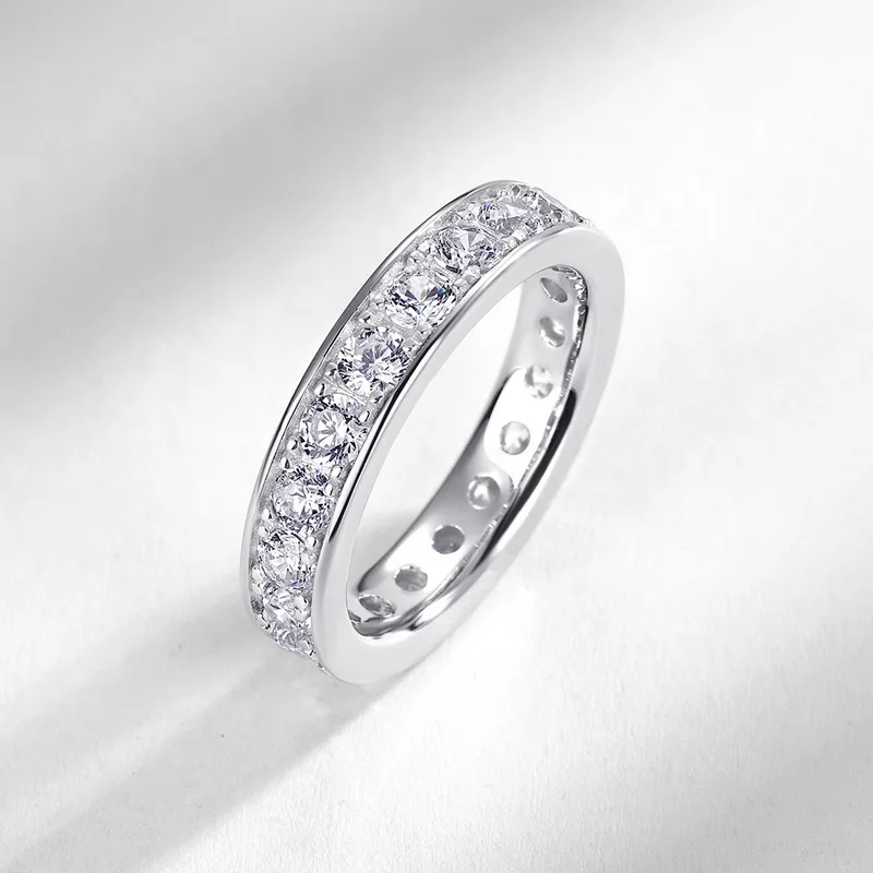 JewelyKing S925 Sterling Silver Single Row Channel Cubic Zirconia Full Eternity Band Classic Stackable Wedding Ring JKRS0253