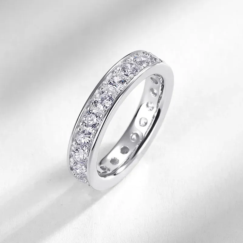 JewelyKing S925 Sterling Silver Single Row Channel Cubic Zirconia Full Eternity Band Classic Stackable Wedding Ring JKRS0253