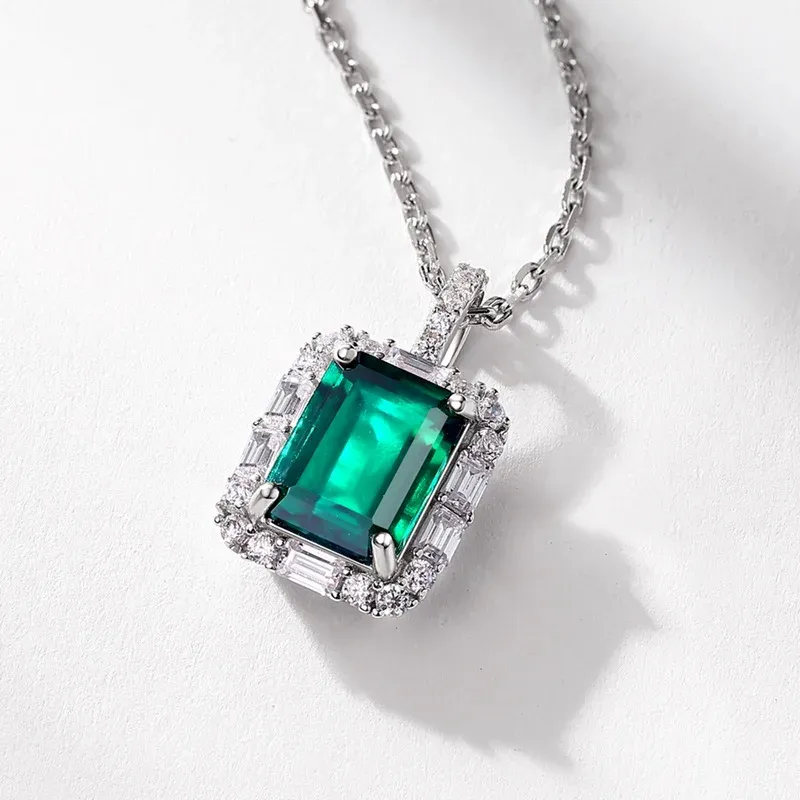 S925 Sterling Silver Emerald Cut Lab Grown Emerald Halo Pendant Necklace for Women