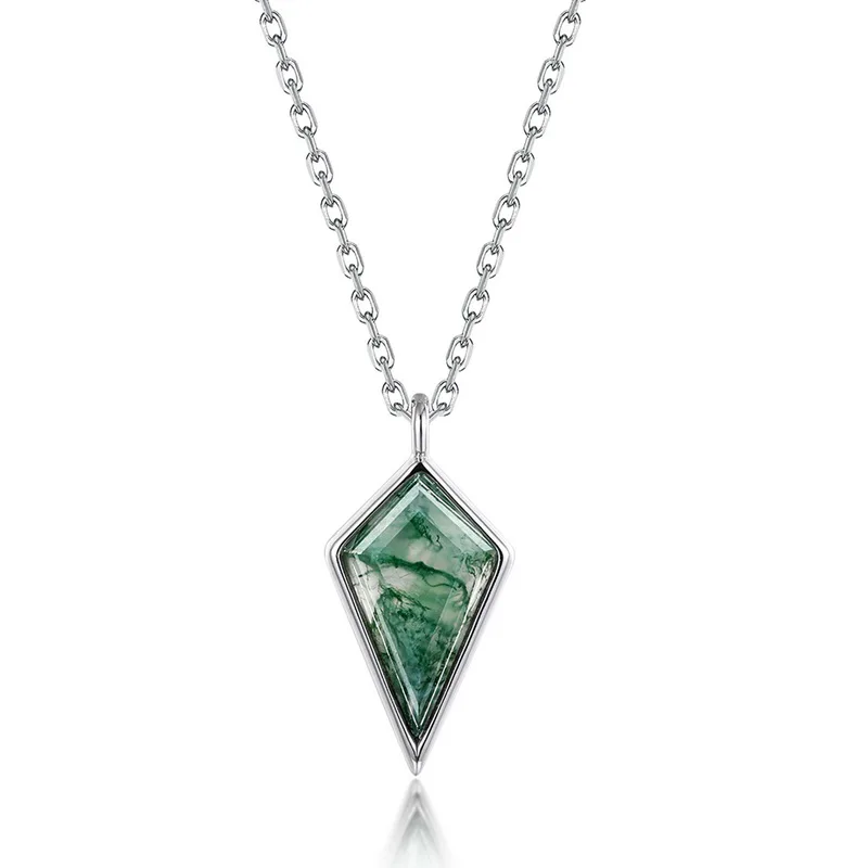 Jewelyking S925 Sterling Silver Simple Geometric Green Moss Agate Pendant Necklace JKNS0097