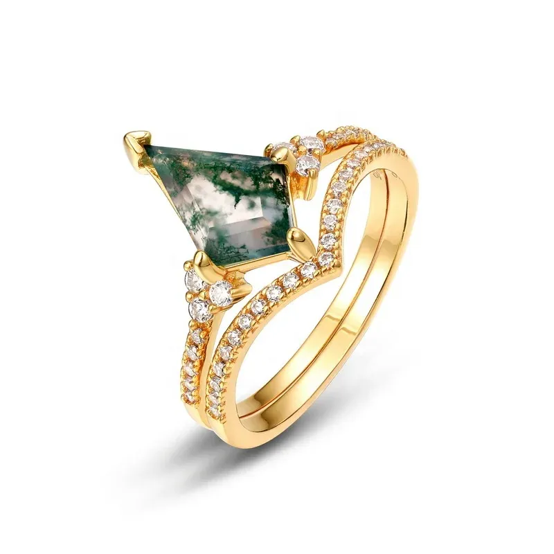 JewelyKing Kite Shape Moss Agate Sterling Silver Ring Simple Gemstone Opal Stackable Ring Green Moss Agate Vintage Ring JKRS0172