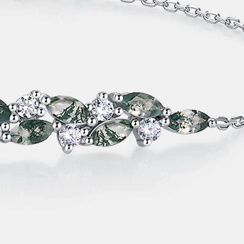Jewelyking S925 Sterling Silver Nature Leaf Adjustable Oval Moss Agate Bracelet JKBS0040
