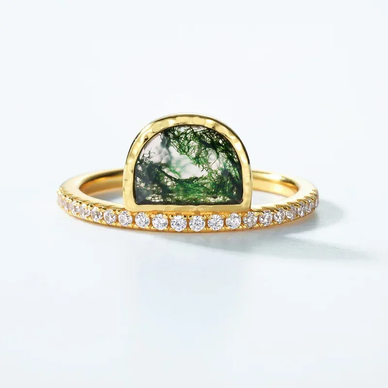 JewelyKing S925 Sterling Silver Green Moss Agate Natural Dainty Moss Agate Engagement Ring JKRS0148