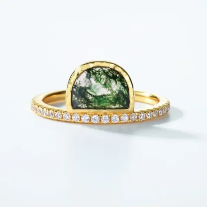 JewelyKing S925 Sterling Silver Green Moss Agate Natural Dainty Moss Agate Engagement Ring JKRS0148
