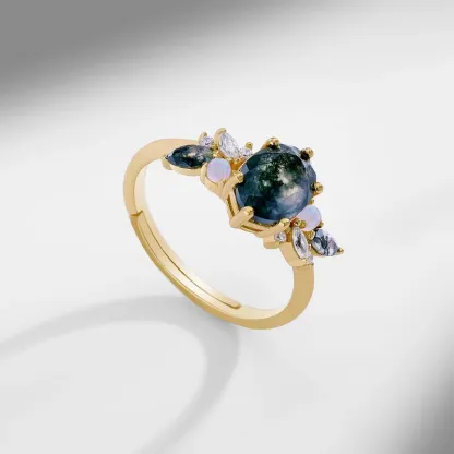 JewelyKing S925 Sterling Silver Green Moss Agate 14K Gold Plated Opal CZ Accent Adjustable Statement Ring JKRS0010