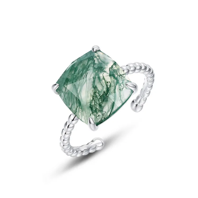 JewelyKing S925 Sterling Silver Natural Green Moss Agate Open Minimalist Gemstone Ring JKRS0188