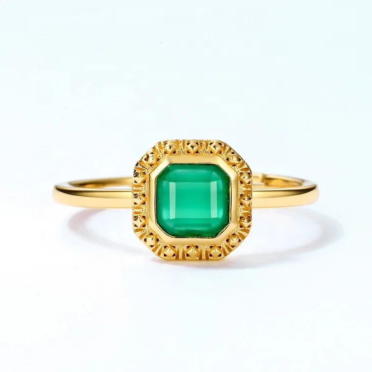 JewelyKing S925 Silver Green Agate Natural Gemstone Party Engagement Ring JKRS0294