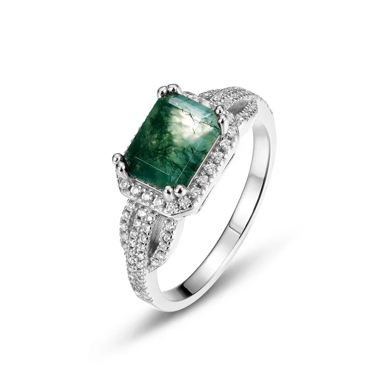 JewelyKing S925 Sterling Sliver Natural Gemstone Ring Moss Agate Green Stone Ring JKRS0244
