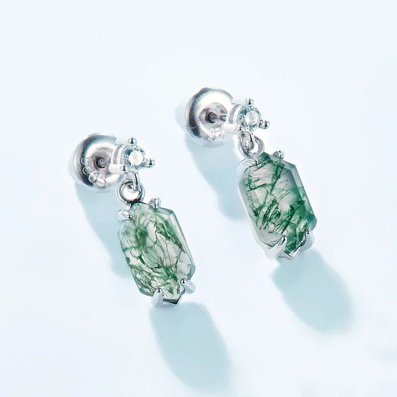 Jewelyking S925 Sterling Silver White Gold Plated Cubic Zirconia Tree Bark Natural Moss Agate Earring JKES0086