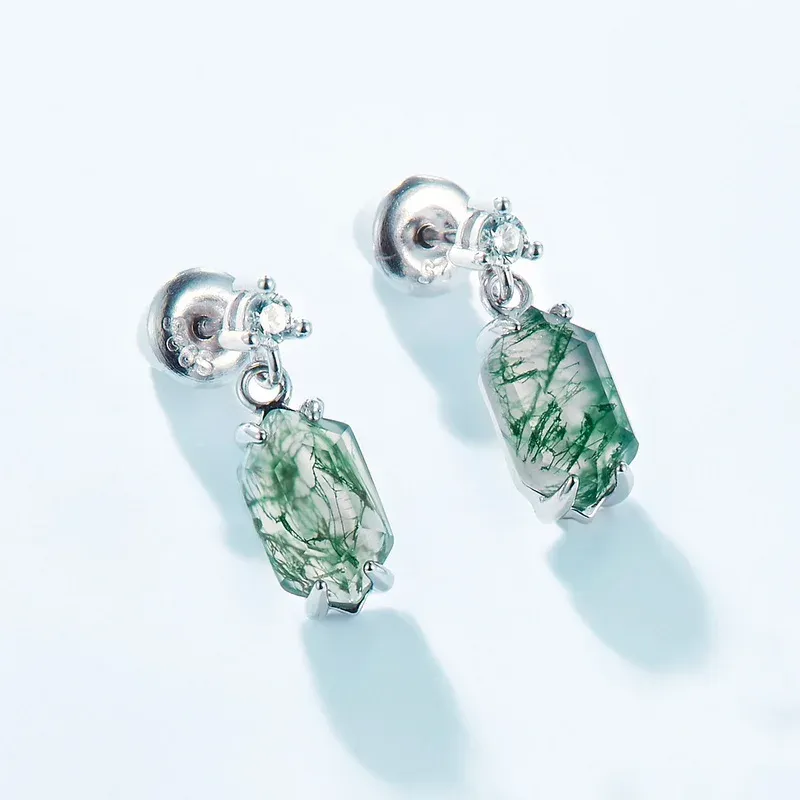 Jewelyking S925 Sterling Silver White Gold Plated Cubic Zirconia Tree Bark Natural Moss Agate Earring JKES0086