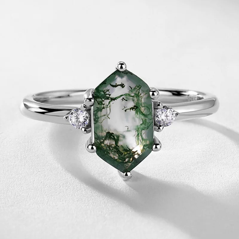 JewelyKing S925 Sterling Silver Green Moss Agate Hexagon Cut CZ Accent Natural Gemstone Solitaire Ring JKRS0009