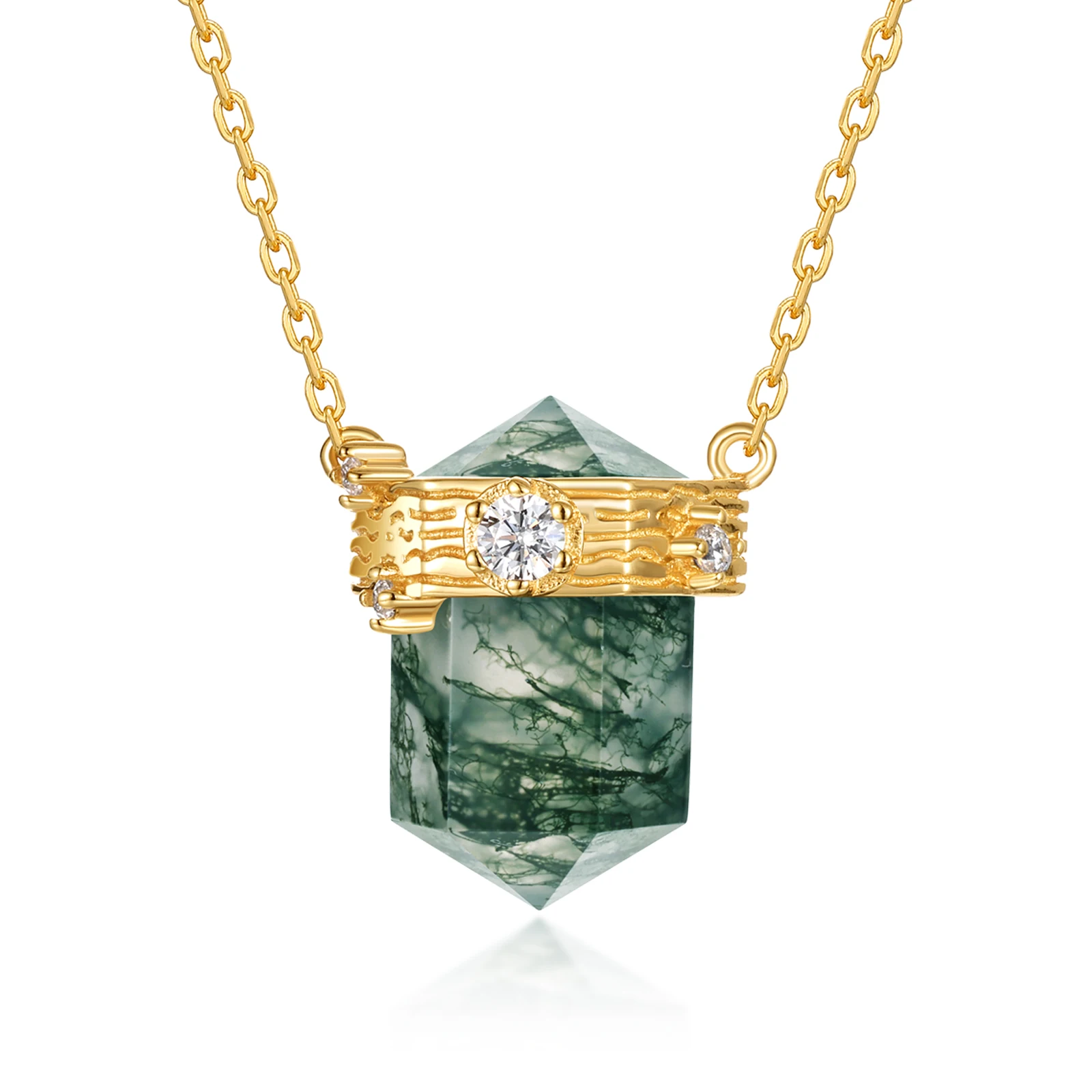 Jewelyking Double Point Healing Gemstone Green Moss Agate Stone Pendant Necklace JKNS0112