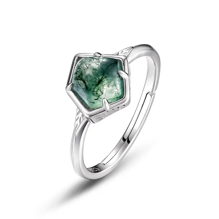 JewelyKing S925 Silver Cute Moss Agat Brand Real Moss Agate Ring JKRS0153