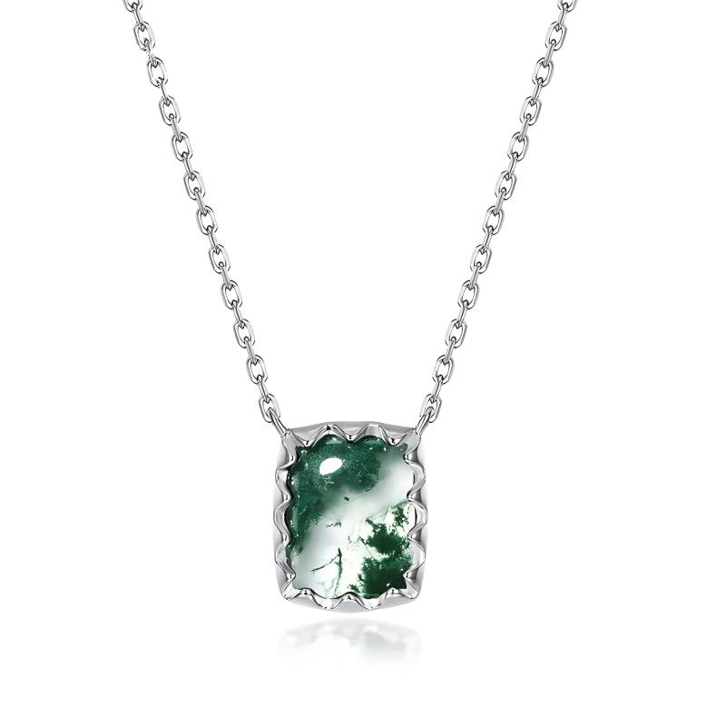JewelyKing S925 Sterling Silver vintage Design Moss Agate Big Pendant Necklace