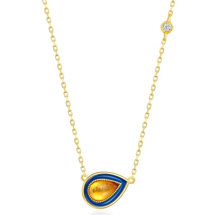 JewelyKing S925 Sterling Silver Big Amber Drop Shape Pendant Women Necklace JKNS0162
