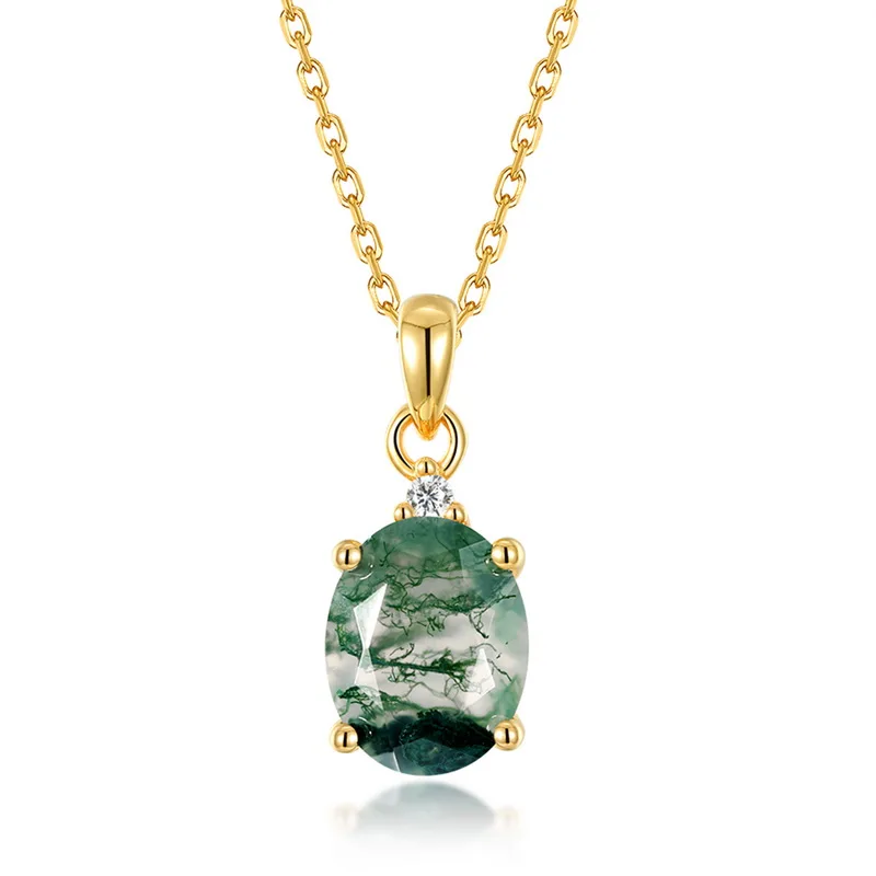 Jewelyking S925 Sterling Silver Oval Moss Agate Natural Gemstone Pendant Necklace JKNS0107