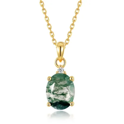 Jewelyking S925 Sterling Silver Oval Moss Agate Natural Gemstone Pendant Necklace JKNS0107