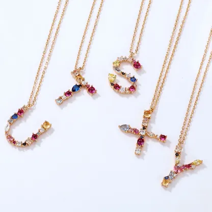 JewelyKing S925 Silver Gold Plated Rainbow Initial Letter Zircon Pendant Chain Necklace JKNS0133