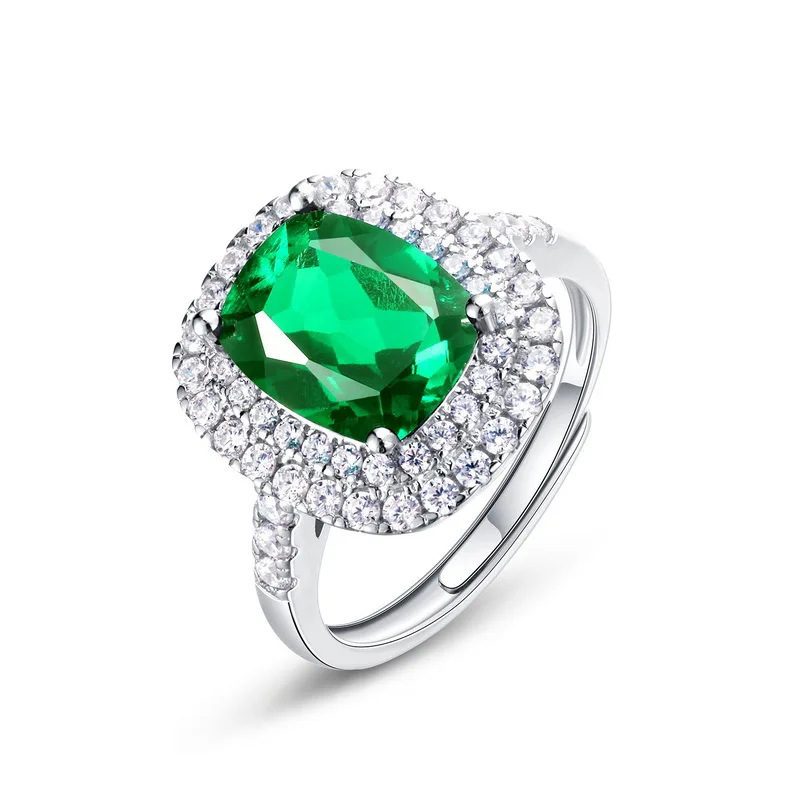 Retro Light Luxury Lab Grown Emerald Ring S925 Silver Inlaid Cultivated Colored Gemstone Ring Custom Wholesale